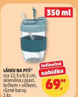 LÁHEV NA PITÍ cca 12,3 x 8,5 cm, skleněná s plast. brčkem + víčkem,  různé barvy, 1 ks 
