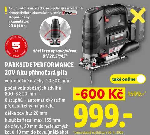 PARKSIDE PERFORMANCE 20V Aku přímočará pila 
