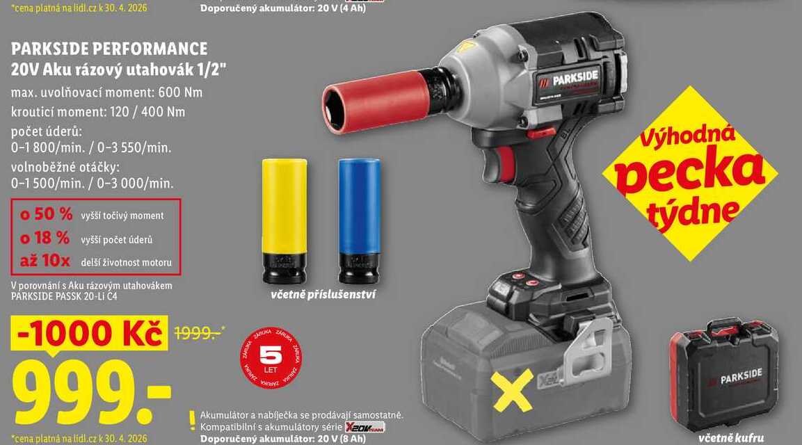 PARKSIDE PERFORMANCE 20V Aku rázový utahovák 1/2"