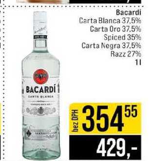 Bacardi Carta Blanca 37.5% Carta Oro 37.5% Spiced 35% Carta Negra 37,5% Razz 27% 1l