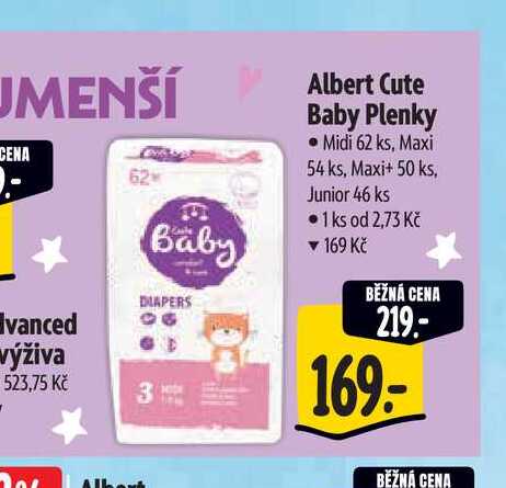   Albert Cute Baby Plenky Midi 62 ks, Maxi 54 ks, Maxi+ 50 ks, Junior 46 ks 