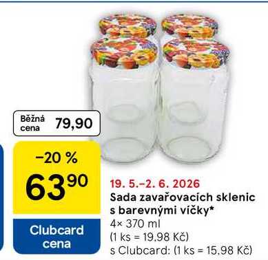 Sada zavařovacích sklenic s barevnými víčky, 4× 370 ml