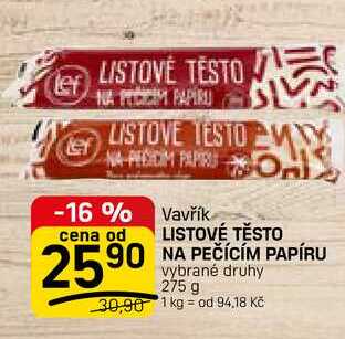 LISTOVÉ TĚSTO NA PEČÍCÍM PAPÍRU vybrané druhy 275 g