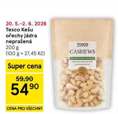 Tesco Kešu ořechy jádra nepražená, 200 g