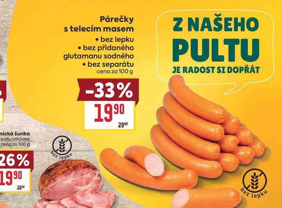 Párečky s telecím masem bez lepku bez přidaného glutamanu sodného bez separátu cena za 100 g