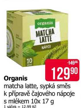 Organis matcha latte, sypká směs k přípravě čajového nápoje s mlékem 10x 17 g
