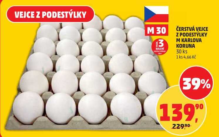 ČERSTVÁ VEJCE Z PODESTÝLKY M KARLOVA KORUNA, 30 ks