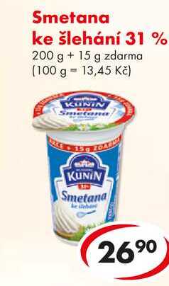 Smetana ke šlehání 31 % 200 g + 15 g zdarma  