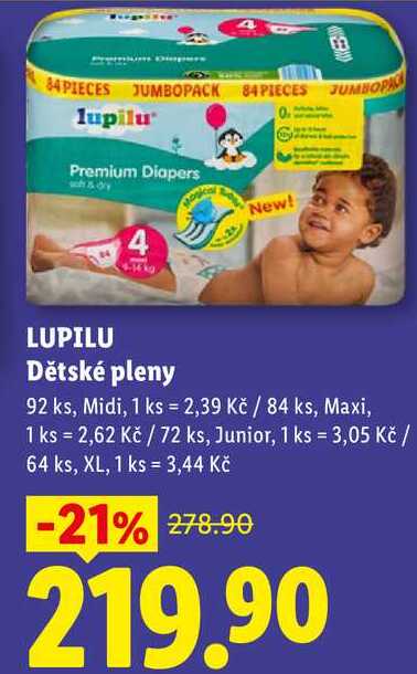 LUPILU Dětské pleny, Midi 92 ks, Maxi 84 ks, XL 64 ks