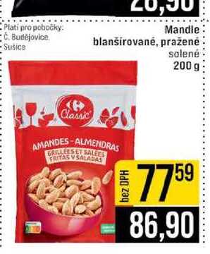 Mandle blanšírované, pražené solené 200 g