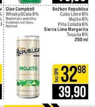 Božkov Republica Cuba Libre 6% Mojito 6% Pina Colada 6% Sierra Lime Margarita Tequila 6% 250 ml