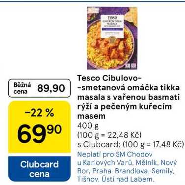 Tesco Cibulovo-smetanová omáčka tikka masala s vařenou basmati rýží a pečeným kuřecím masem, 400 g  