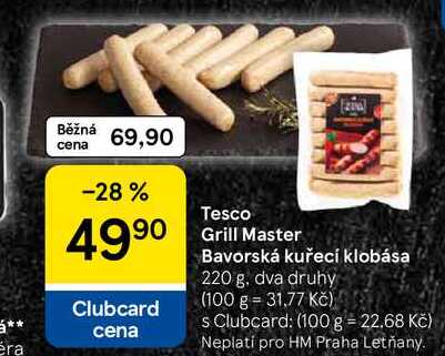 Tesco Grill Master Bavorská kuřecí klobása, 220 g, dva druhy  