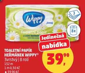 TOALETNÍ PAPÍR HEŘMÁNEK WIPPY, 3vrstvý | 8 rolí 132 m