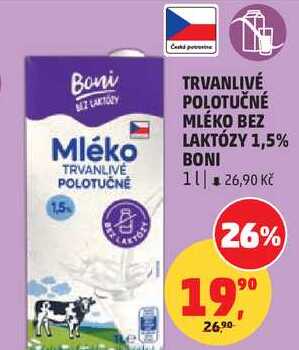 TRVANLIVÉ POLOTUČNÉ MLÉKO BEZ LAKTÓZY 1,5% BONI, 1 l