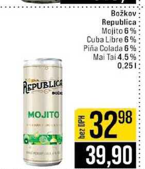 Božkov Republica Mojito 6% Cuba Libre 6% Piña Colada 6% Mai Tai 4.5 % 0,25l