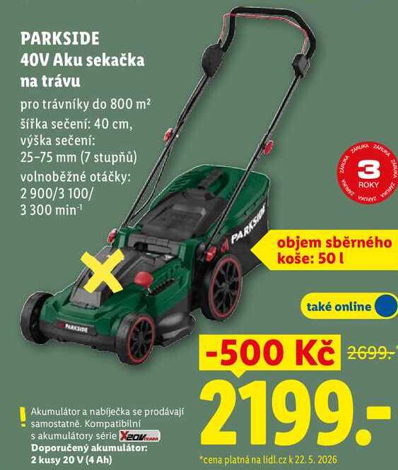 PARKSIDE 40V Aku sekačka na trávu 