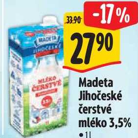 Madeta Jihočeské čerstvé mléko 3,5%, 1l