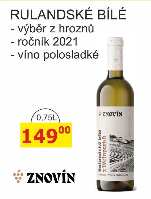 ZNOVÍN ZNOJMO 0,75L RULANDSKÉ BÍLÉ ročník 2021 - víno polosladké 