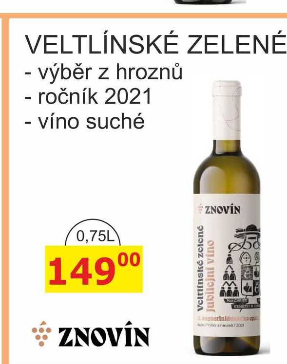 ZNOVÍN ZNOJMO 0,75L VELTLÍNSKÉ ZELENÉ - výběr z hroznů - ročník 2021 - víno suché 