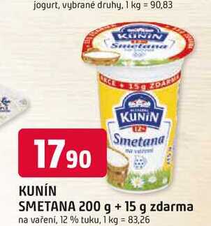 KUNÍN SMETANA 200 g + 15 g zdarma na vaření, 12 % tuku