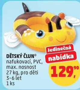DĚTSKÝ ČLUN nafukovací, PVC, max. nosnost 27 kg, pro děti 3-6 let, 1 ks  