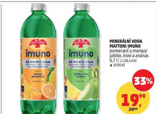 MINERÁLNÍ VODA MATTONI IMUNO pomeranč a mango/ jablko, kiwi a ananas, 0,7 l 