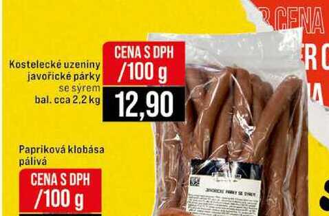 Kostelecké uzeniny javořické párky se sýrem bal. cca 2,2 kg 100g