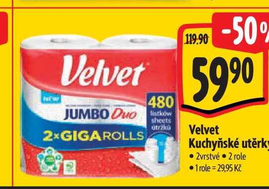 Velvet Kuchyňské utěrky 2vrstvé 2 role