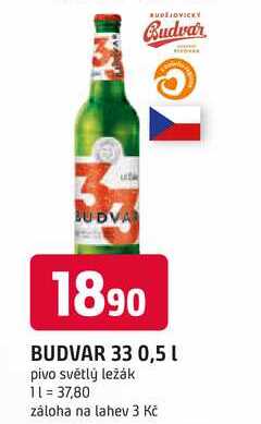BUDVAR 33 0,5 L pivo světlý ležák
