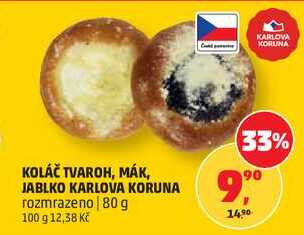 KOLÁČ TVAROH, MÁK, JABLKO KARLOVA KORUNA rozmrazeno, 80 g