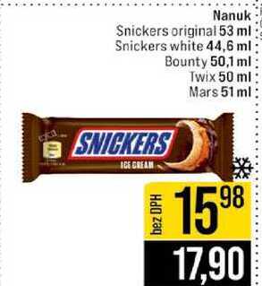 Nanuk Snickers original 53 ml Snickers white 44,6 ml Bounty 50,1 ml Twix 50 ml Mars 51 ml