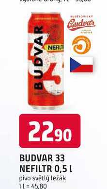 BUDVAR 33 NEFILTR 0,5 L pivo světlý ležák 