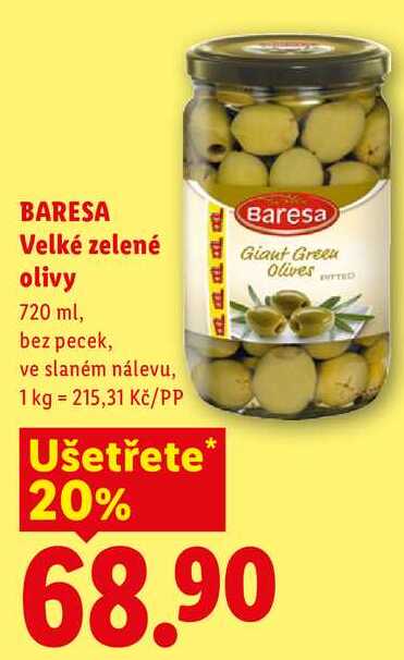 BARESA Velké zelené olivy, 720 ml