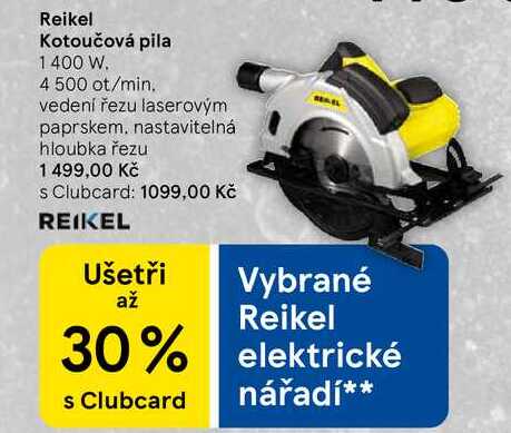 Reikel Kotoučová pila, 1400 W. 4 500 ot/min. vedení řezu laserovým paprskem, nastavitelná hloubka řezu