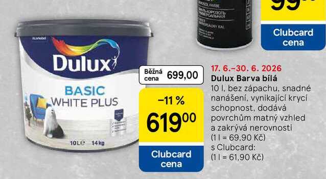 Dulux Barva bílá, 10 l, bez zápachu. snadné nanášení, vynikající krycí schopnost, dodává povrchům matný vzhled a zakrývá nerovnosti  