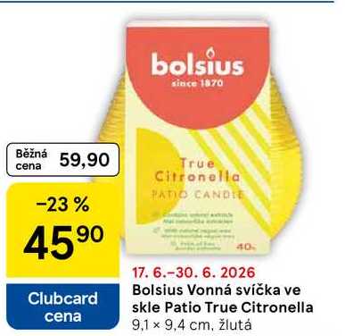 Bolsius Vonná svíčka ve skle Patio True Citronella, 9,1 × 9,4 cm, žlutá 