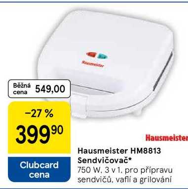 Hausmeister HM8813 Sendvičovač, 750 W. 3 v 1. pro přípravu sendvičů, vaflí a grilování